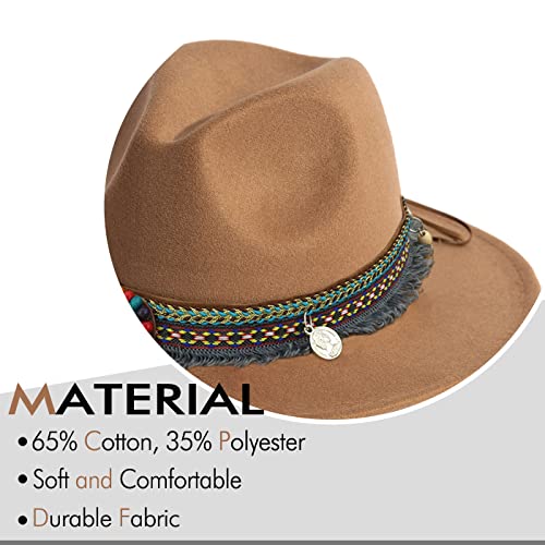 Women's Felt Fedora Hat Wide Brim Panama Hats with Tassel - color: Z Belt Khaki