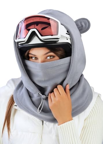 Fleece Balaclava Over Helmet - Warm Helmet Ninja Hood - Snowboard Hooded Hat Neck Gaiter Ski Mask - color: Gray-earsup, size: One Size