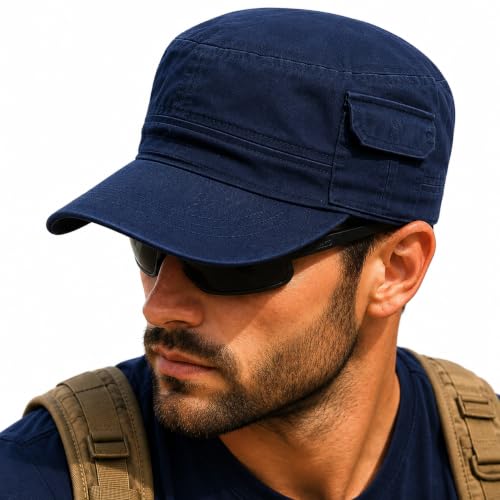 Military Cap Cadet Hats for Men Women Short Bill Army Style - color: Navy (Pocket)