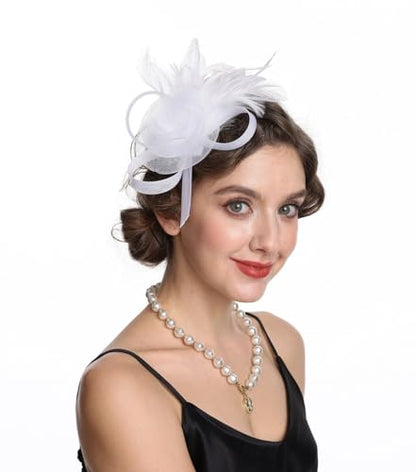 SAFERIN Women's Fascinators Feathers Tea Party Hat Veil Headband with Hair Clip for Cocktail Church - color: M-white