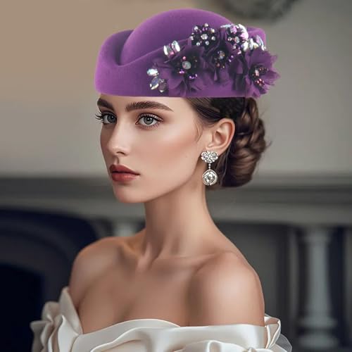 Women Vintage Church Hat Applique Felt Pillbox Hat Fascinator Tea Party Cap - color: Z1-purple