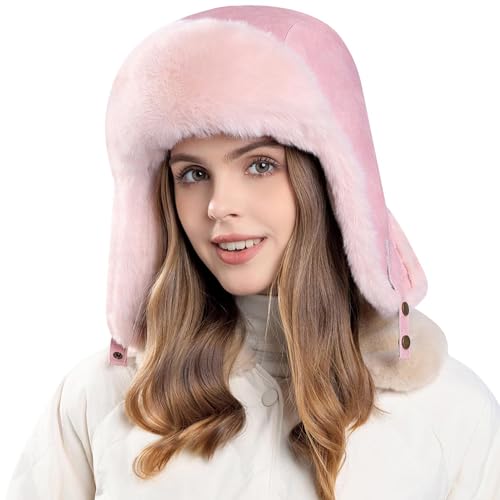 Women Winter Trapper Hat Ushanka Warm Sherpa Beanie Knit Ear Flap - color: Pink
