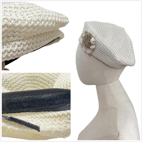 Women Summer French Beret Lady Slouchy Crochet Beret Hats 3D Flower Artist Painters Woven Beach Beanie Cap - color: Beige
