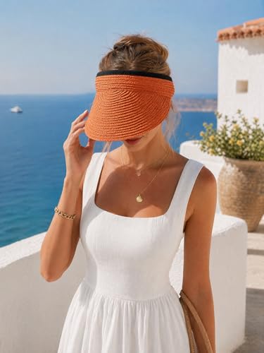 Sun Visor Hat for Women Summer Beach Vacation Essential Ponytail Friendly Travel Foldable Packable UPF 50+ - color: Orange