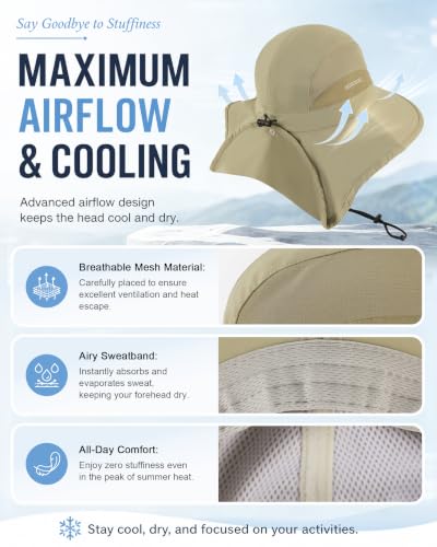 Sun Hat UPF50+, Breathable Wide Brim Bucket Hat Outdoor for Hiking Garden - color: Khaki