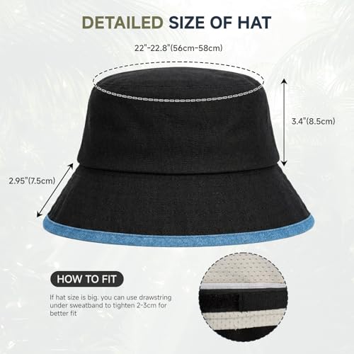 Summer Bucket Hat for Woman Men Cotton Wide Brim Sun Hat - color: Black