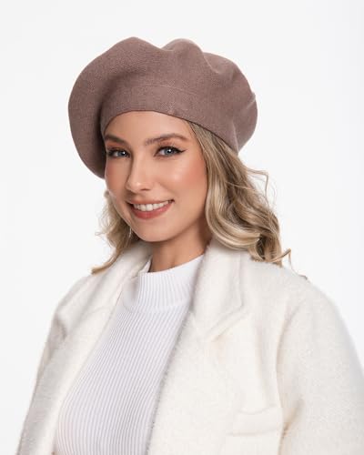 Women's Knitted Beret, French Style Double Layer Winter Autumn Warm and Soft Beanie Hat Cap - color: Camel