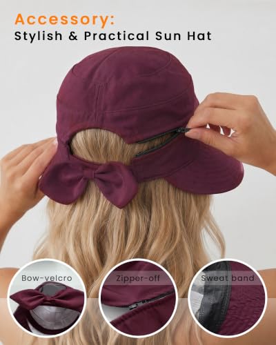 CHUNG 2 Pack Women Sun Visor Hat Wide Brim Summer UV Protection Zip-Off - color: White/Burgendy