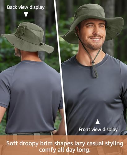 Wide Brim Sun Hat for Men Women, UPF 50+ Waterproof Packable Bucket Boonie Safari Fishing Hat - color: Green