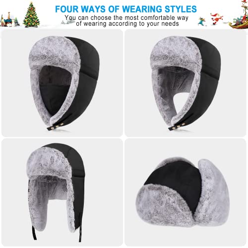 Winter Trapper Hat for Men Women, Russian Ushanka Aviator Warm Cold Trooper Hat for Skiing Hunting Black