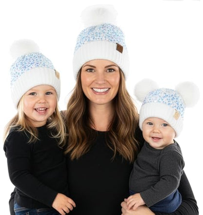 Funky Junque Mommy & Me Double Pom Beanies 3-Pack Matching Winter Hats for Mom, Toddler & Infant Girls, Cozy Knit Family Set - color: Sequin - White