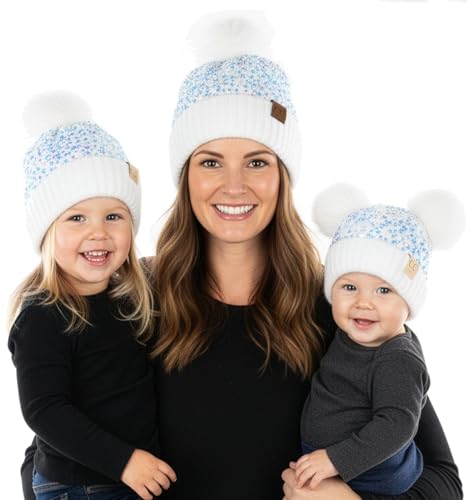 Funky Junque Mommy & Me Double Pom Beanies 3-Pack Matching Winter Hats for Mom, Toddler & Infant Girls, Cozy Knit Family Set - color: Sequin - White