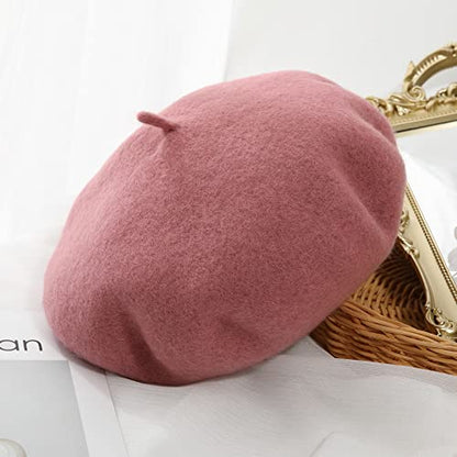 Women French Wool Beret Hats - Solid Color Classic Beanie Winter Cap - color: Thicker-pink