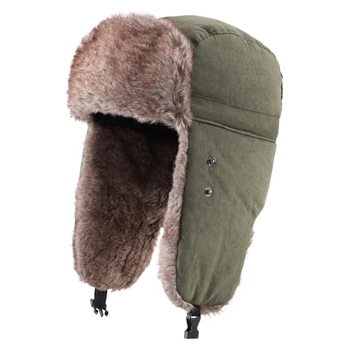 Home Prefer Mens Warm Faux Fur Trooper Trapper Hat Outdoor Reflective Winter Hunting Hat with Ear Flaps Face Mask - color: Army Green