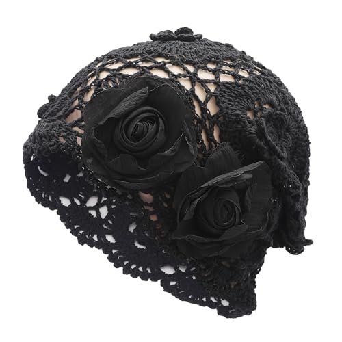 ZLYC Women Cotton Crochet Slouchy Beanie Hat Handmade Knit Summer Skull Cap - color: Decorative Flowers Black