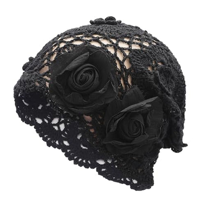 ZLYC Women Cotton Crochet Slouchy Beanie Hat Handmade Knit Summer Skull Cap - color: Decorative Flowers Black