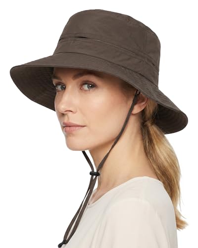 Womens Sun Hat Ponytail Packable UPF 50+ Waterproof Bucket Hat with Ponytail Hole for Beach Hiking Travel - color: Coffee