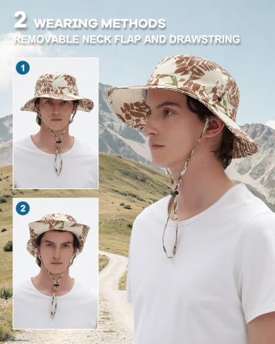 Printed Bucket Hat UPF 50+ Sun Hat, Women Men Roll-Up Brim Boonie Hat - color: Dark Khaki