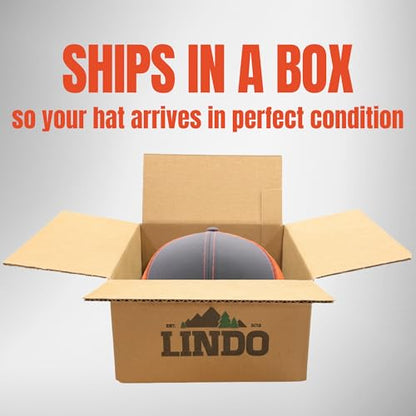 LINDO Trucker Hat [ Great Outdoors Design ] for Men and Women: Mid Profile Cap with Breathable Mesh Back and Adjustable Snap - color: Graphite/Orange