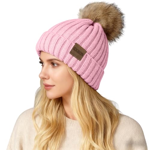 ZOORON Womens Winter Knitted Beanie Hat with Faux Fur Pom Beanie Warm Knit Skull Cap Beanie for Women - color: 1pink