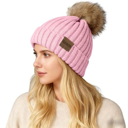 ZOORON Womens Winter Knitted Beanie Hat with Faux Fur Pom Beanie Warm Knit Skull Cap Beanie for Women - color: 1pink