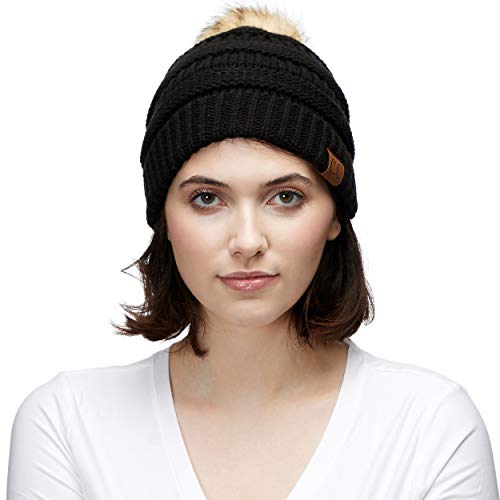 C.C Hatsandscarf Exclusives Unisex Solid Ribbed Beanie with Pom (HAT-43) - color: Black
