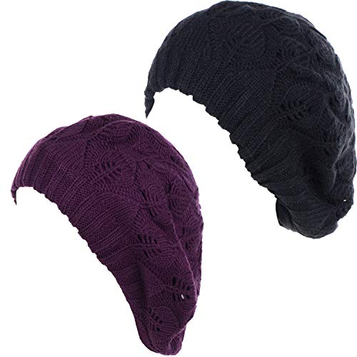 BYOS Women Mid-Weight Slouchy Leafy Cutout Crochet Soft Knit French Beret Hat - color: 2-pack-eggplant & Bk