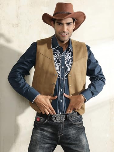 PJ PAUL JONES Men's Western Cowboy Vest Leather Suede Casual Waistcoat - color: Khaki, size: 3X-Large