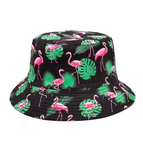 Printed Bucket Hat - Reversible Packable Summer Travel Beach Sun Cap for Men Women Teens - color: Flamingo Leaves