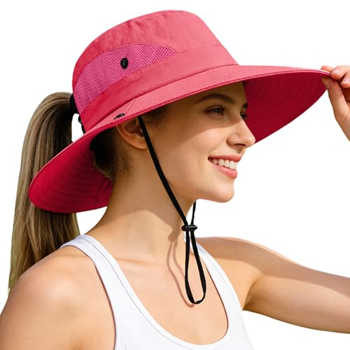 Rosoz Ponytail Sun Bucket Hats for Women UV Protection Foldable Wide Brim - color: 1 Pack-pure Watermelonred