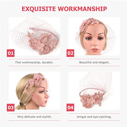 Beaupretty Womens Fascinators Hat Bridal Wedding Veil Mesh Lace Headband Tea Party Headwear Fascinator Veil Headband - color: Pink