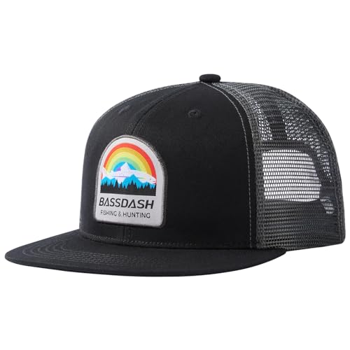 BASSDASH Flat Brim Trucker Cap Adjustable Snapback Hat Mesh Back for Men Women - color: Rainbow Trout