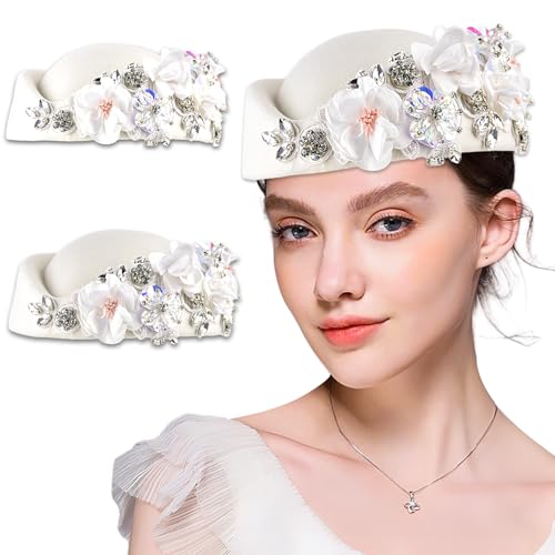 Women's Retro Stewardess Felt Hat, British Berets, Rhinestone Flower Decor, Ladies' Church Derby Hat - color: White