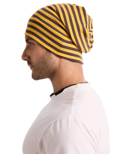ZLYC Cotton Thin Slouchy Beanie Hat for Men Women Stretch Skull Cap - color: Striped Brown and Yellow, size: One Size