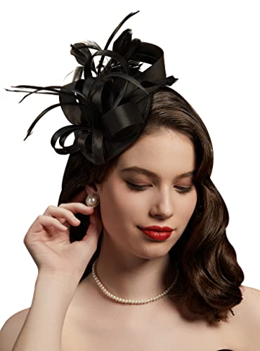 Kentucky Derby Fascinators for Women High Tea Party Hat Wedding Cocktail Flower Headware with Mesh and Feathers - color: Y-black