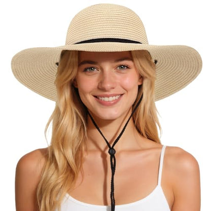 Sun Hats for Women, Summer Wide Brim Straw Beach Hat - color: Beige Khaki, size: X-Large