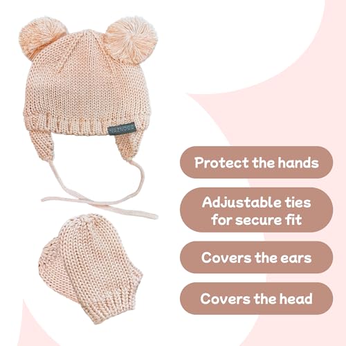 Knitted Colorful Double Pom-Pom Baby Hat and Mittens Set|Warm Winter Newborn Essentials for Boys and Girls 0-6 Months - color: Pink