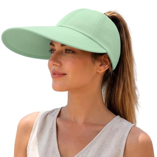 Women's Wide Brim Sun Hat with Ponytail Hole, UV Protection Criss Cross Sun Visor Hat, Lightweight & Quick-Drying Beach Cap - color: Mint Green