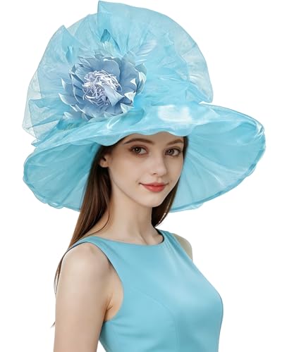 Organza Church Derby Hats for Women Wedding Tea Party Fascinator Floral Wide Brim Sun Hat - color: Style01 Lake Blue