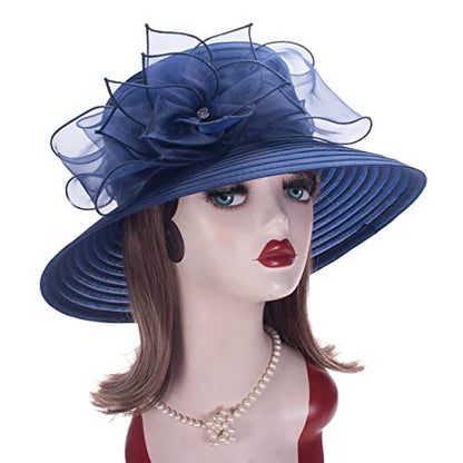 Womens Wedding Occasion Floral Wide Brim Church Dressy Sun Hat A323 - color: Navy Blue