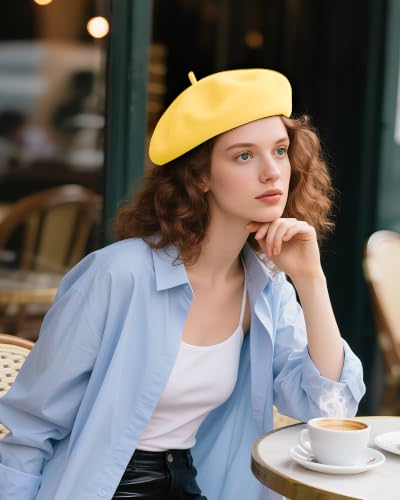 French Beret Hats for Women - Wool Solid Color Beanie Cap - color: Lemon Yellow