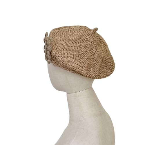 Women Summer French Beret Lady Slouchy Crochet Beret Hats 3D Flower Artist Painters Woven Beach Beanie Cap - color: Khaki