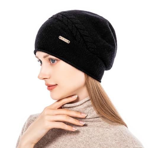 Knit Slouchy Beanie Hats for Women Cashmere Ski Cap Knitted Wool Soft Warm Winter Hat - color: B02a-black