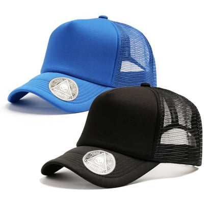 2-Pack Classic Foam Trucker Hat Summer Mesh Hat Lightweight Adjustable Back Buckle Strap - color: Black/Blue