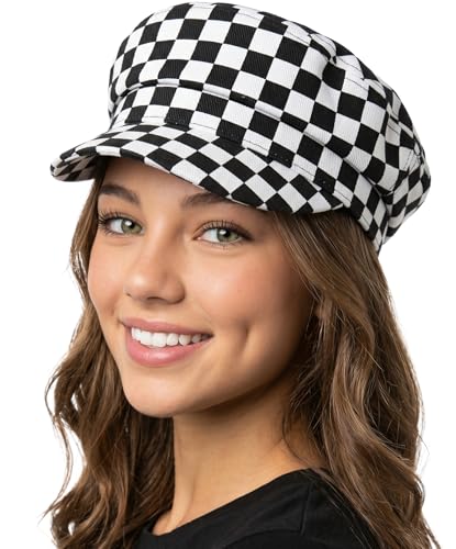 Funky Junque Greek Fisherman Newsboy Cap, Cotton Captains Bakerboy Hat - color: Checker - White/Black