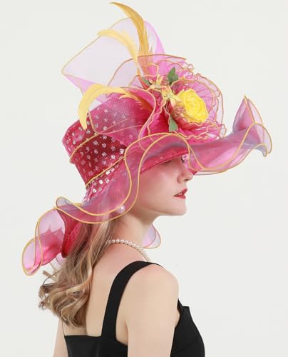 Women Derby Church Hat Organza Flower Wedding Tea Party Fascinator Wide Brim Sun Hat - color: 14-rose Red