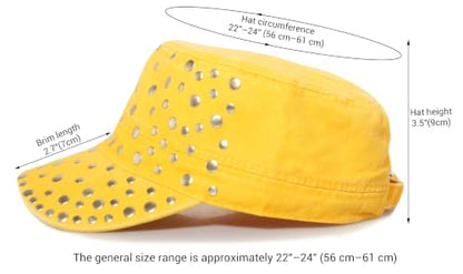 Studded Military Cap for Women Men Cadet Army Cap Flat Top Hat - color: Yellow