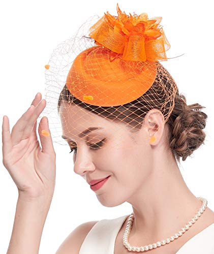 Fascinator Hats for Women 20s 50s Vintage Pillbox Hat Kentucky Derby Fascinators Flower Veil Wedding Tea Party Hat - color: 1-orange