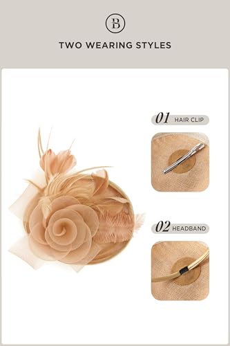 BABEYOND Fascinators Hats for Women Tea Party Mesh Flower Pillbox Derby Hat - color: Champagne Gold