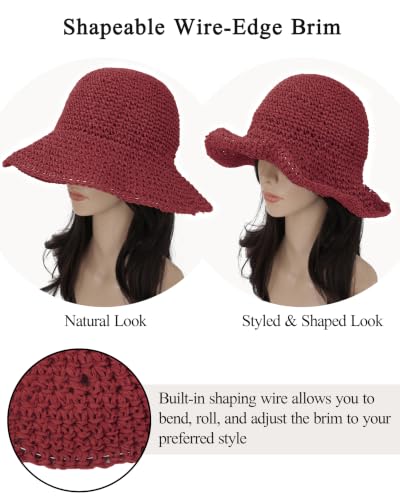 Womens Crochet Straw Sun Hat Foldable Floppy Wide Brim Beach Hat for Summer - color: Dark Red